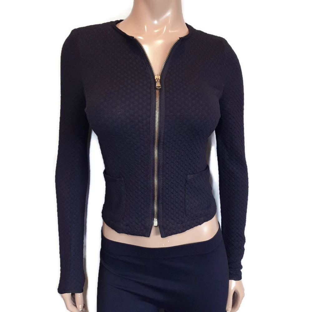 LA FEE MARABOUTEE Cropped Zip Front Blazer Jacket Fitted Collarless Textured